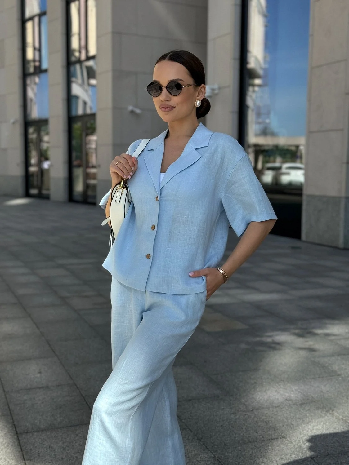 Костюм с рубашкой с укороченным рукавом цвет Небесный