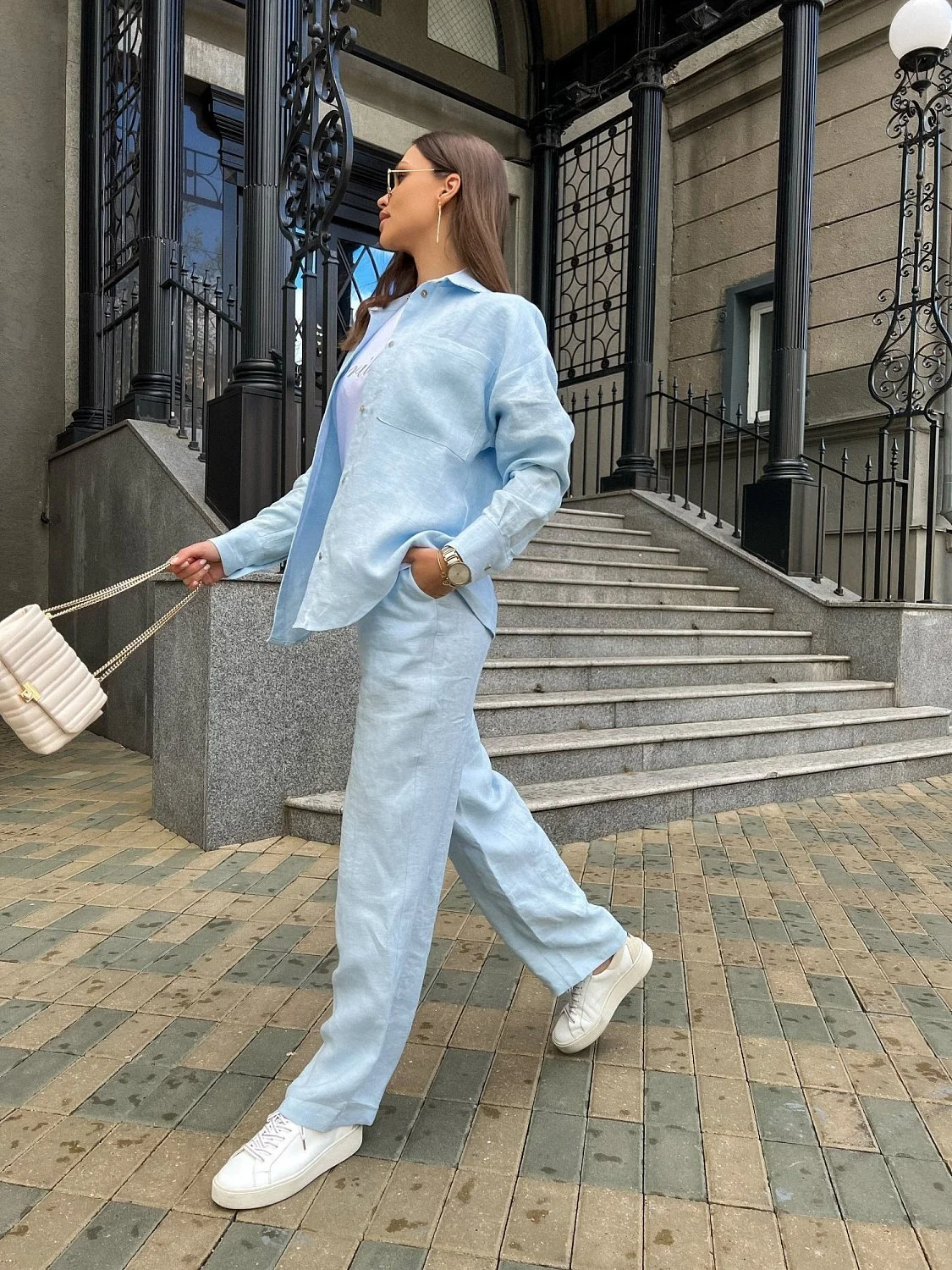 Рубашка льняная цвет ГОЛУБОЙ